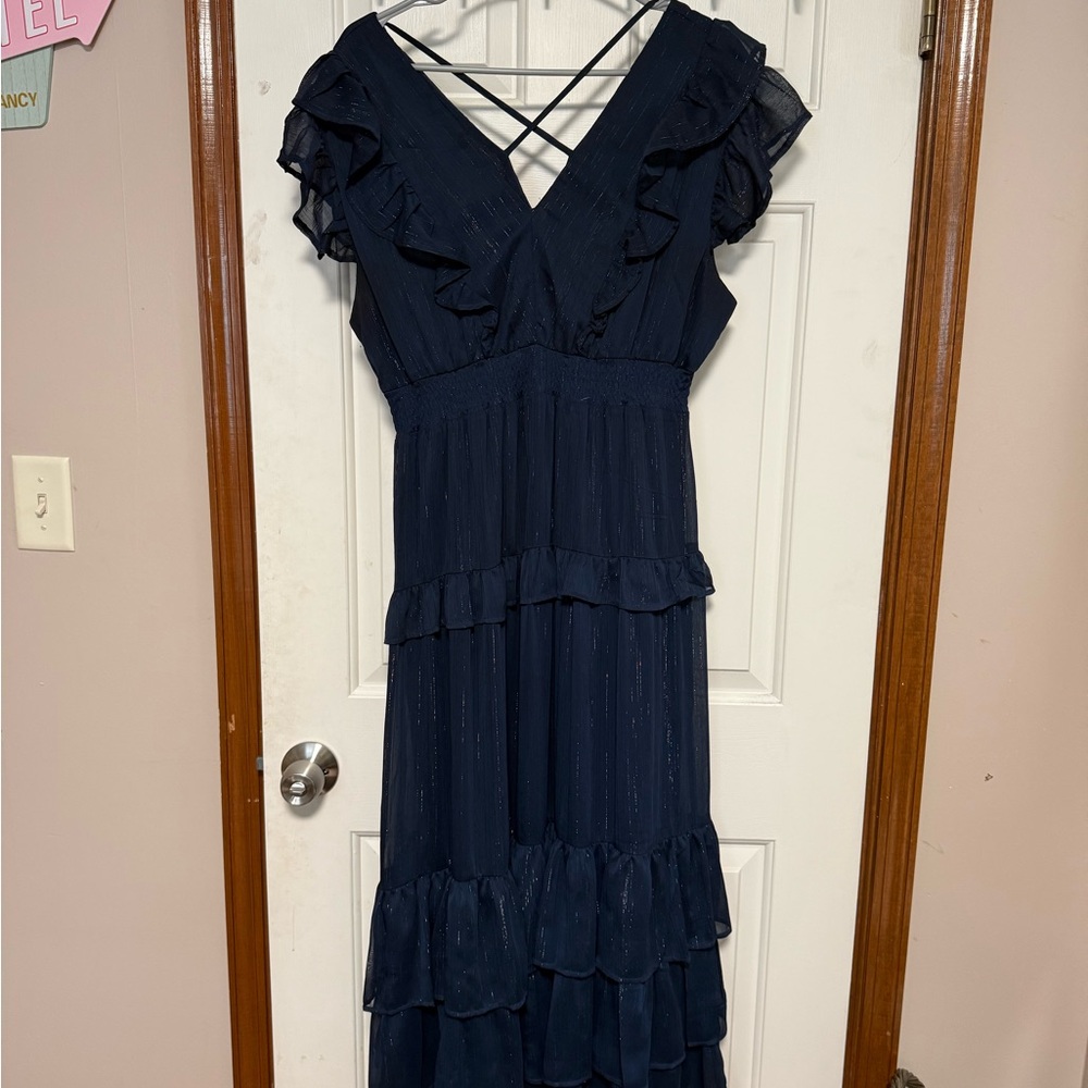 Aqua Midnight Blue Maxi Dress with Ruffles L